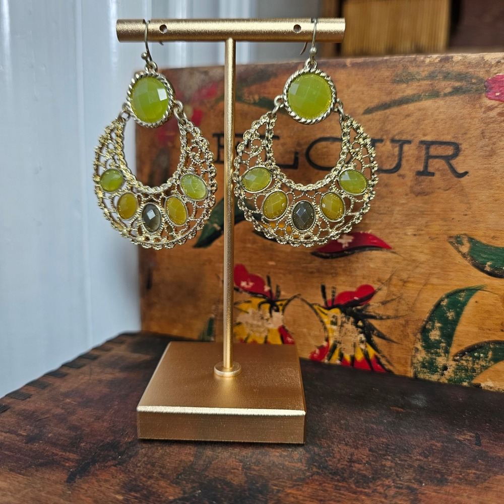 Green Gold Tone Boho Faux Stone Filigree Chandelier Earrings Women OS